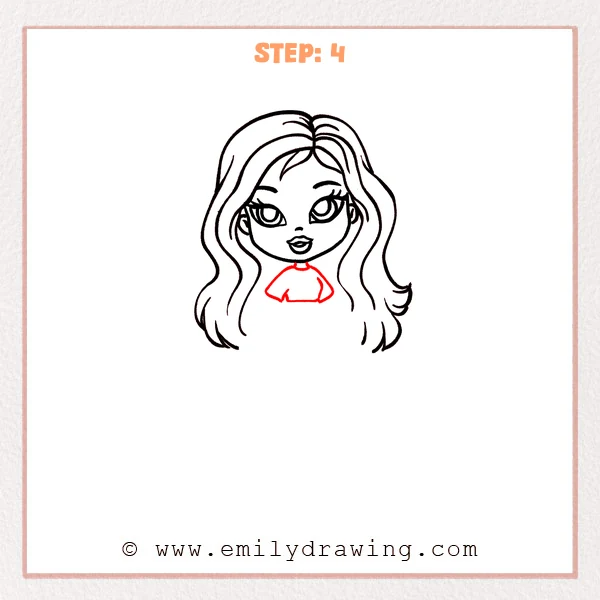 how to draw a bratz doll - A Bratz doll head with long wavy hair, now including a slim neck and the upper outline of a short-sleeve shirt.